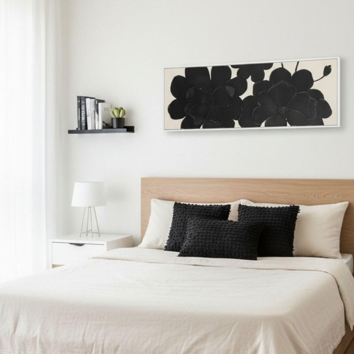 TERRA ESTILO - Cuadro Flor Negra Minimalista en Relieve Acrílico Sobre Lino