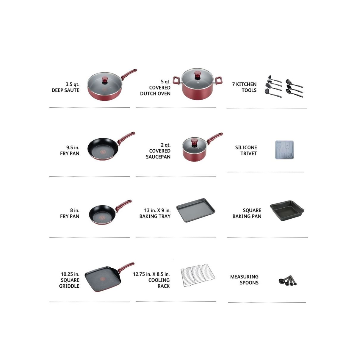 T-FAL - Set De Ollas T-Fal 21 Piezas Antiadherente Cuerpo de Aluminio - Rojo