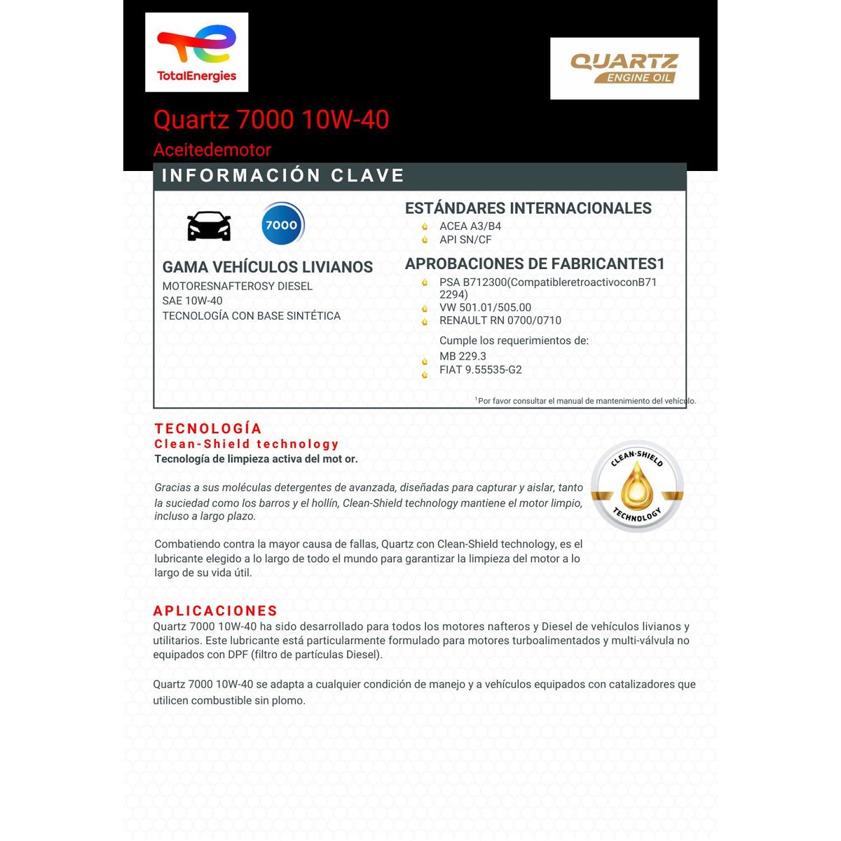 TOTAL - Aceite Motor 10w40 Total Quartz 7000 1 Lt.