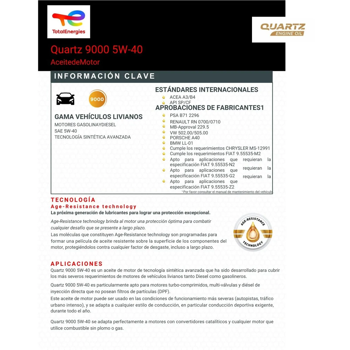 TOTAL - Aceite Motor 5w40 Total 9000 Norma Vw 502.00/505.00 1 Lt.