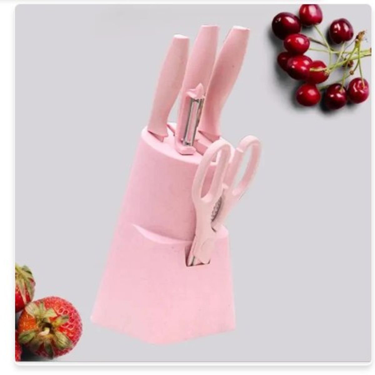 GENERICO - Set de Cuchillos de Cocina de 5 Piezas con Soporte - Color Rosado Pastel