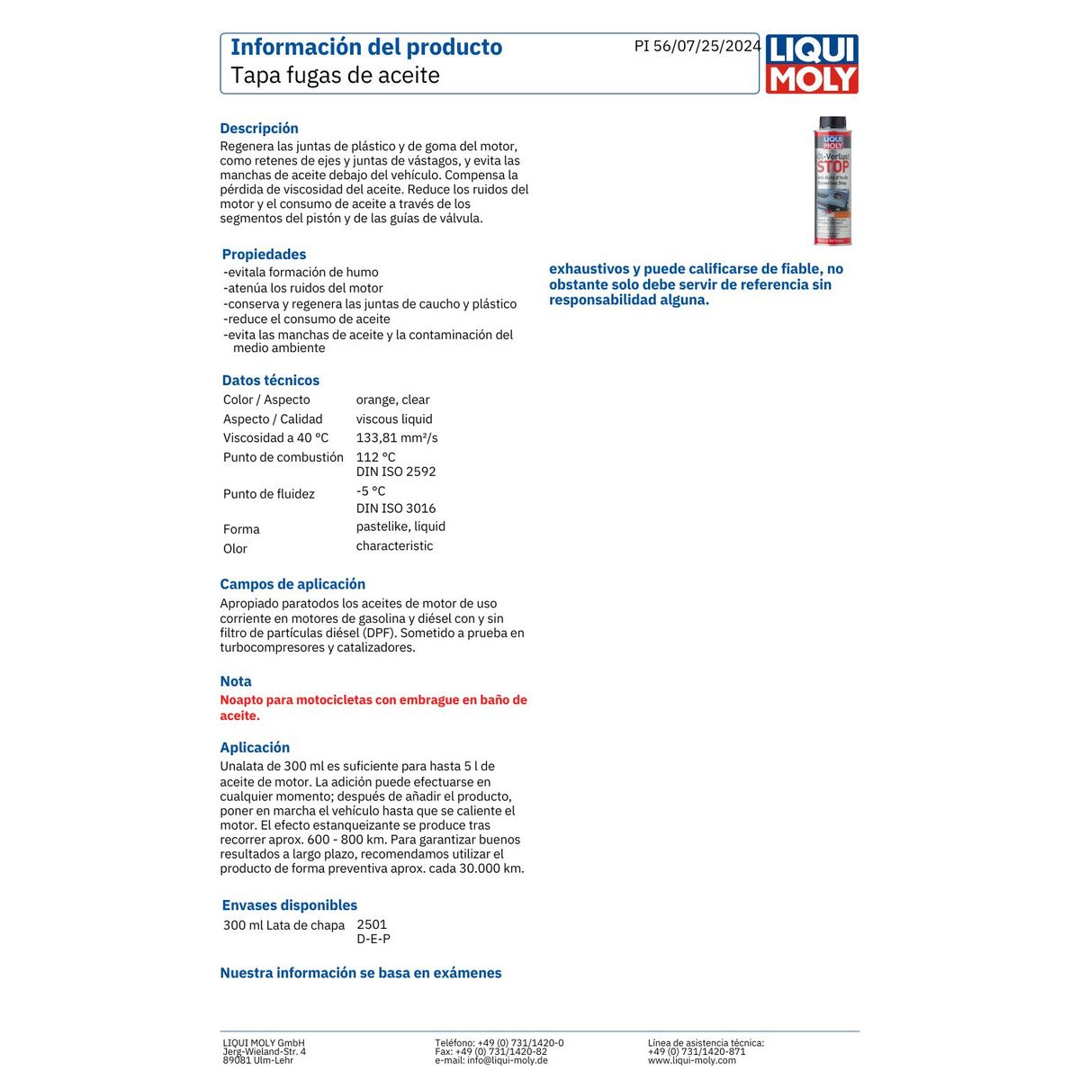 LIQUI MOLY - Aditivo tapafugas de aceite marca Liqui Moly Öl-Verlust Stop 300 Ml.