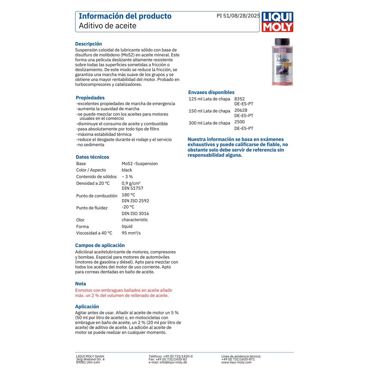 LIQUI MOLY - Aditivo Antifriccionante Oil Additiv Mos2 Liqui Moly 300 Ml.