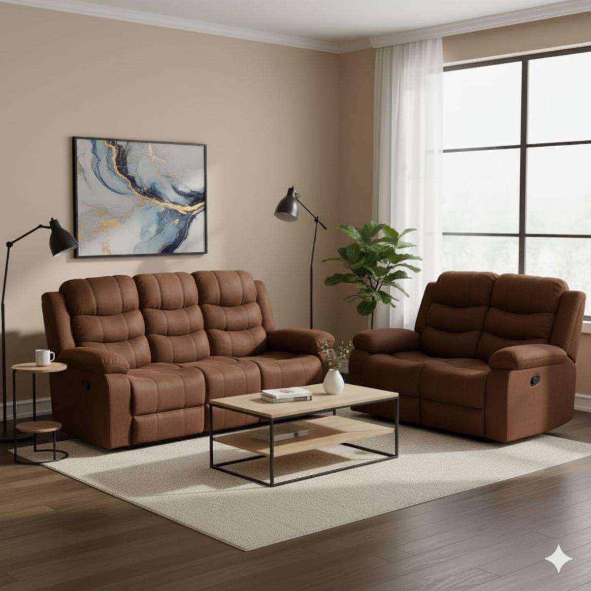 DANIELS - Living Reclinable Sofá 3 Cuerpos + Sofá 2 Cuerpos Café Norman