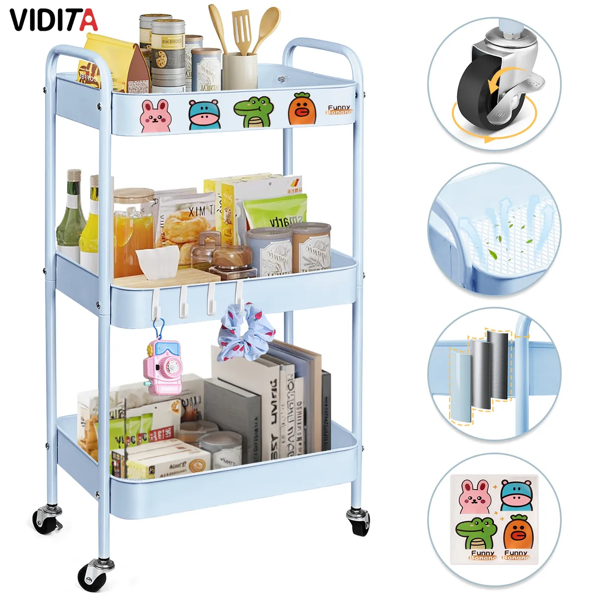 REBONEC - Carrito Organizador Metal 3 Niveles Estante Ruedas Bloqueables Celeste