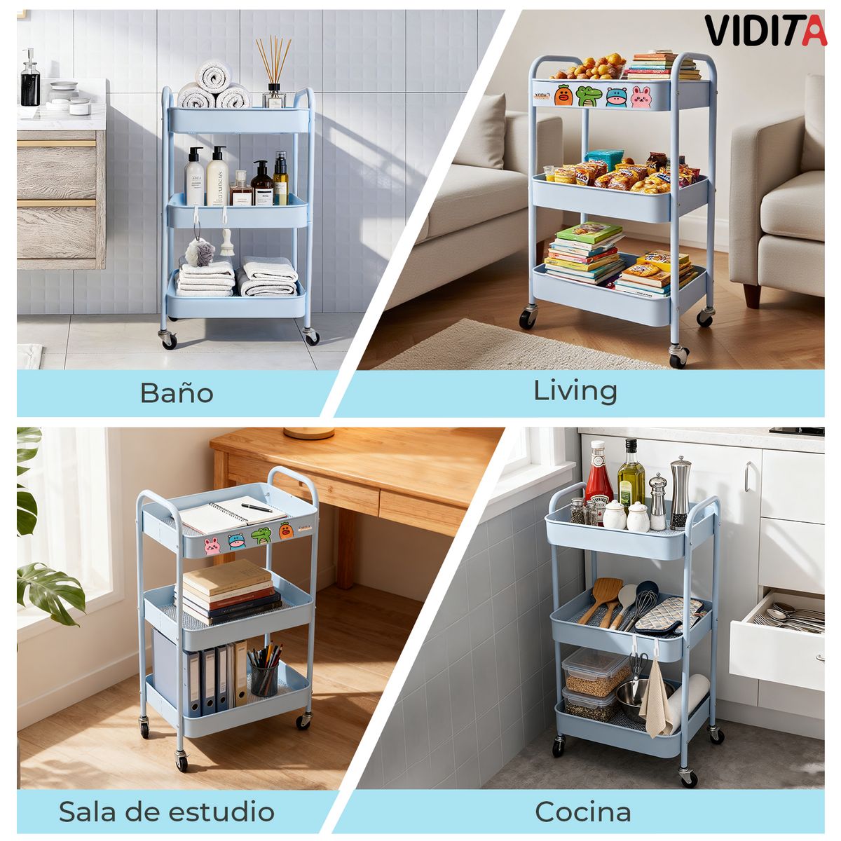 REBONEC - Carrito Organizador Metal 3 Niveles Estante Ruedas Bloqueables Celeste