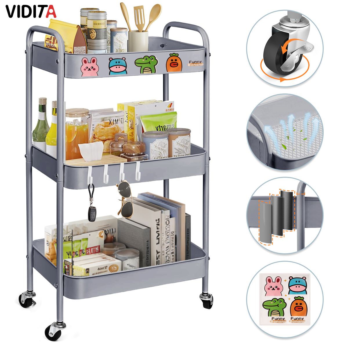 Carrito Organizador Metal 3 Niveles Estante Ruedas Bloqueables Gris, marca REBONEC - Foto Principal