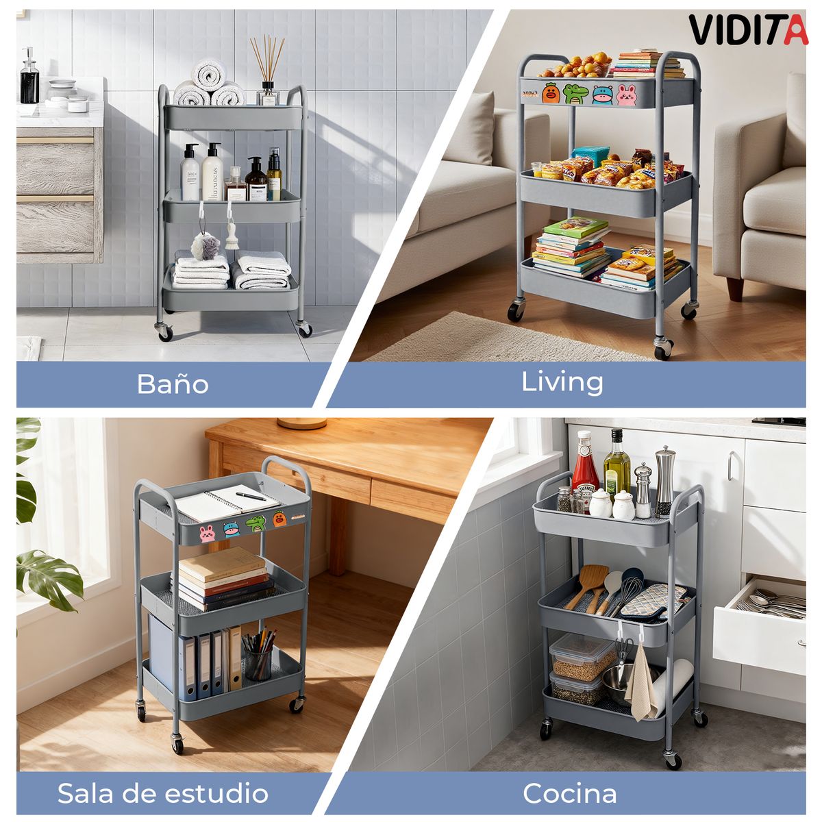 Carrito Organizador Metal 3 Niveles Estante Ruedas Bloqueables Gris, marca REBONEC - Foto 2