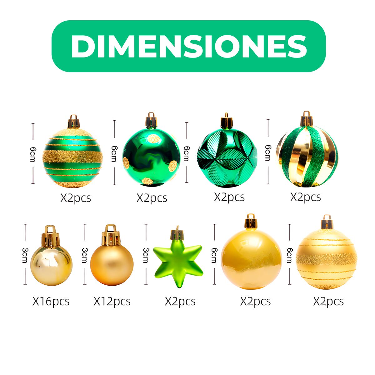 GENERICO - Juego 42 Adornos Colgantes Árbol De Navidad Diseños Verde y Dorado