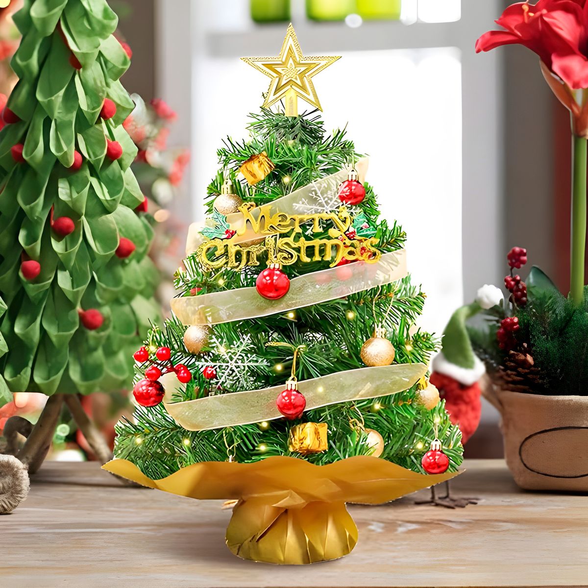 GENERICO - Mini Árbol Navidad Mesa Escritorio 45 Cm + Adorno Decoración Verde