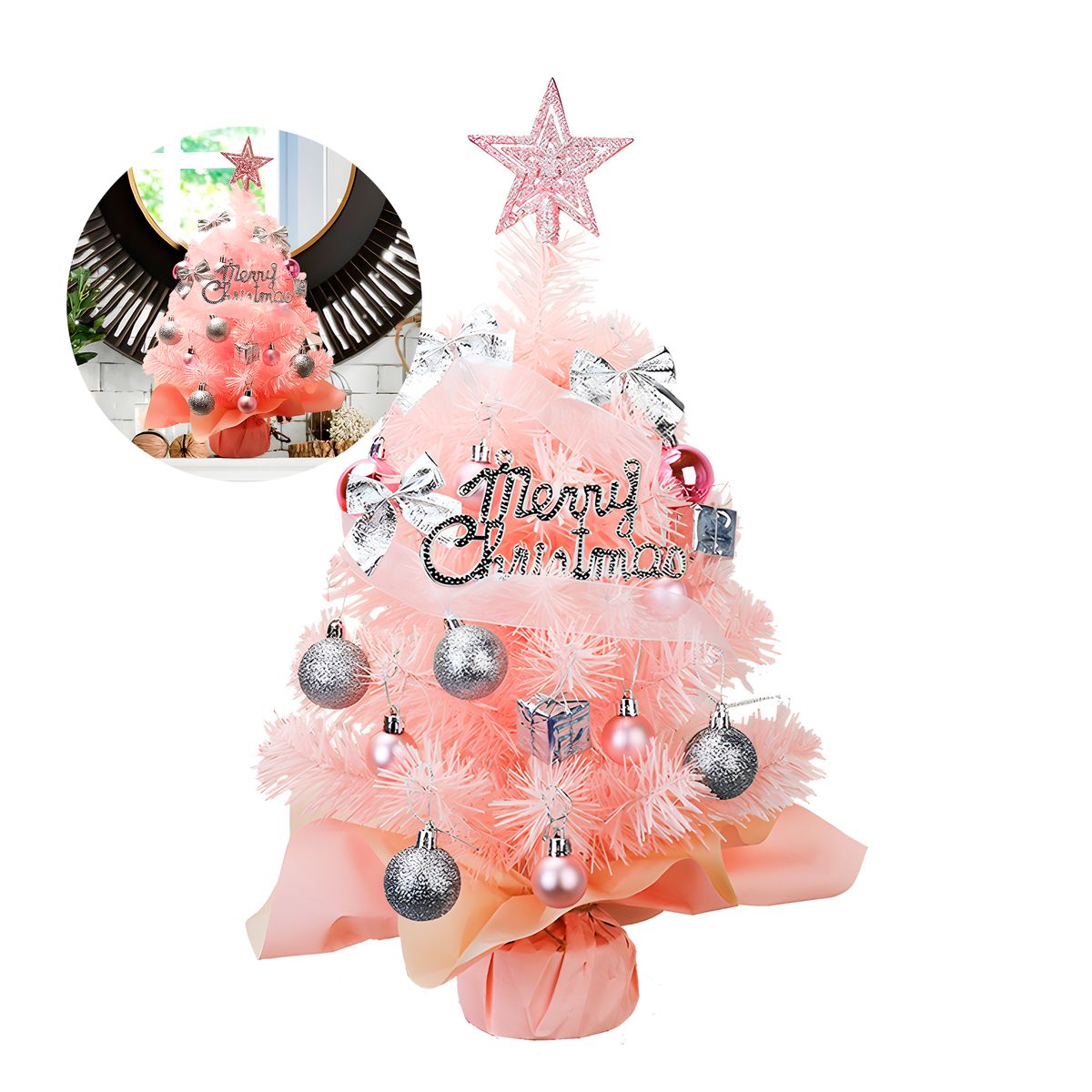 GENERICO - Mini Árbol Navidad Mesa Escritorio 45 Cm + Adorno Decoración Rosa