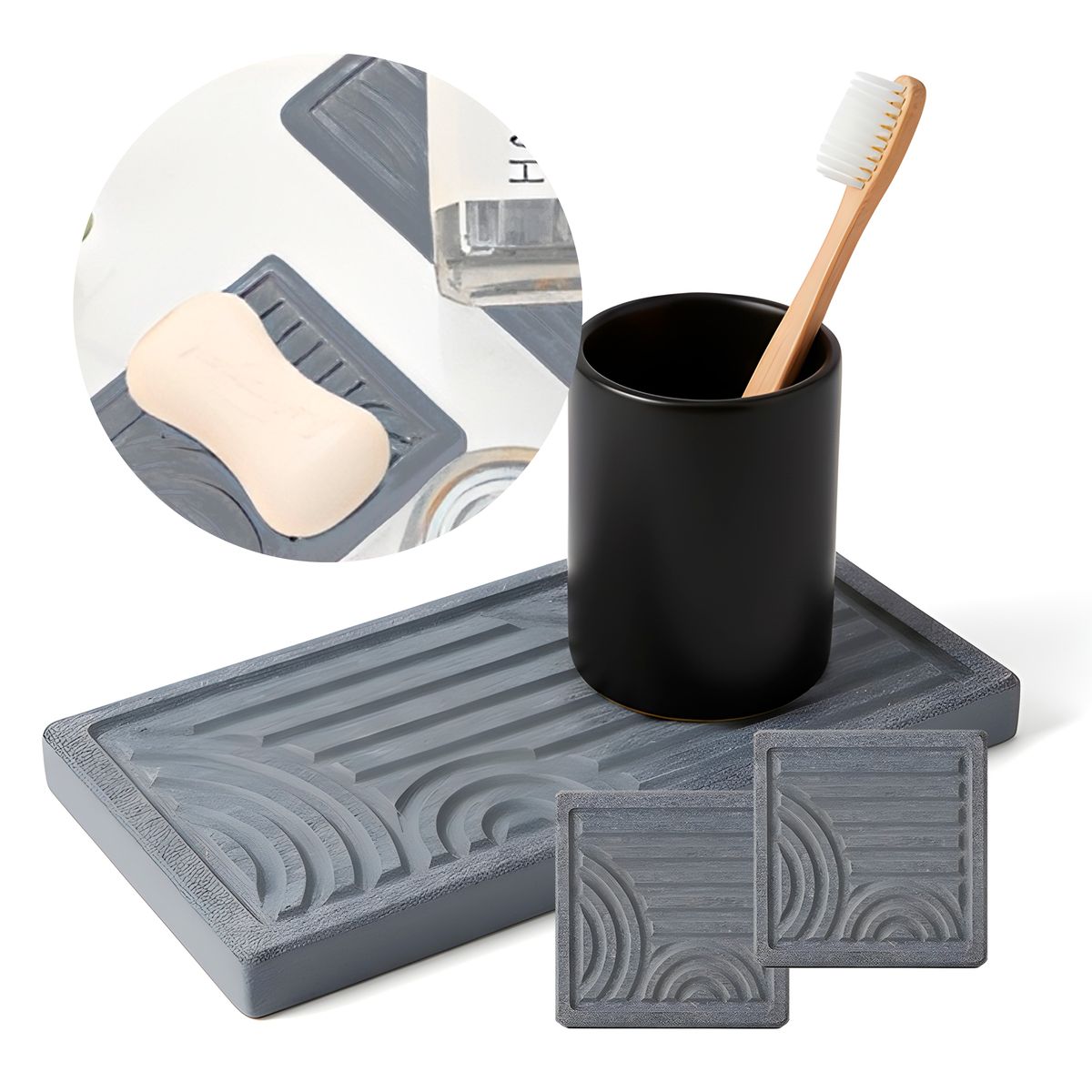 GENERICO - Set 3 Bandejas Anti Deslizante Cepillo de Dientes Pasta Dental Gris