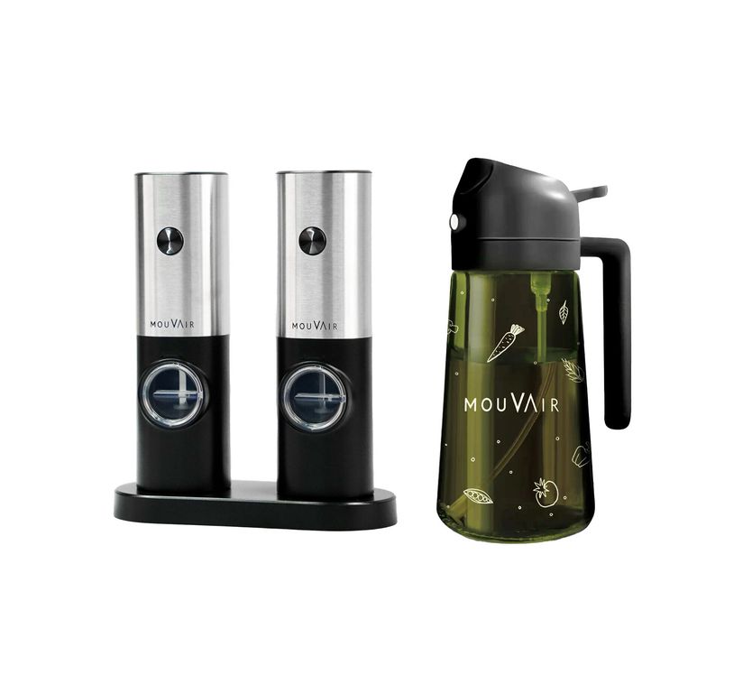 MOUVAIR Pack Molinillo de Sal y Pimienta + Rociador de Aceite