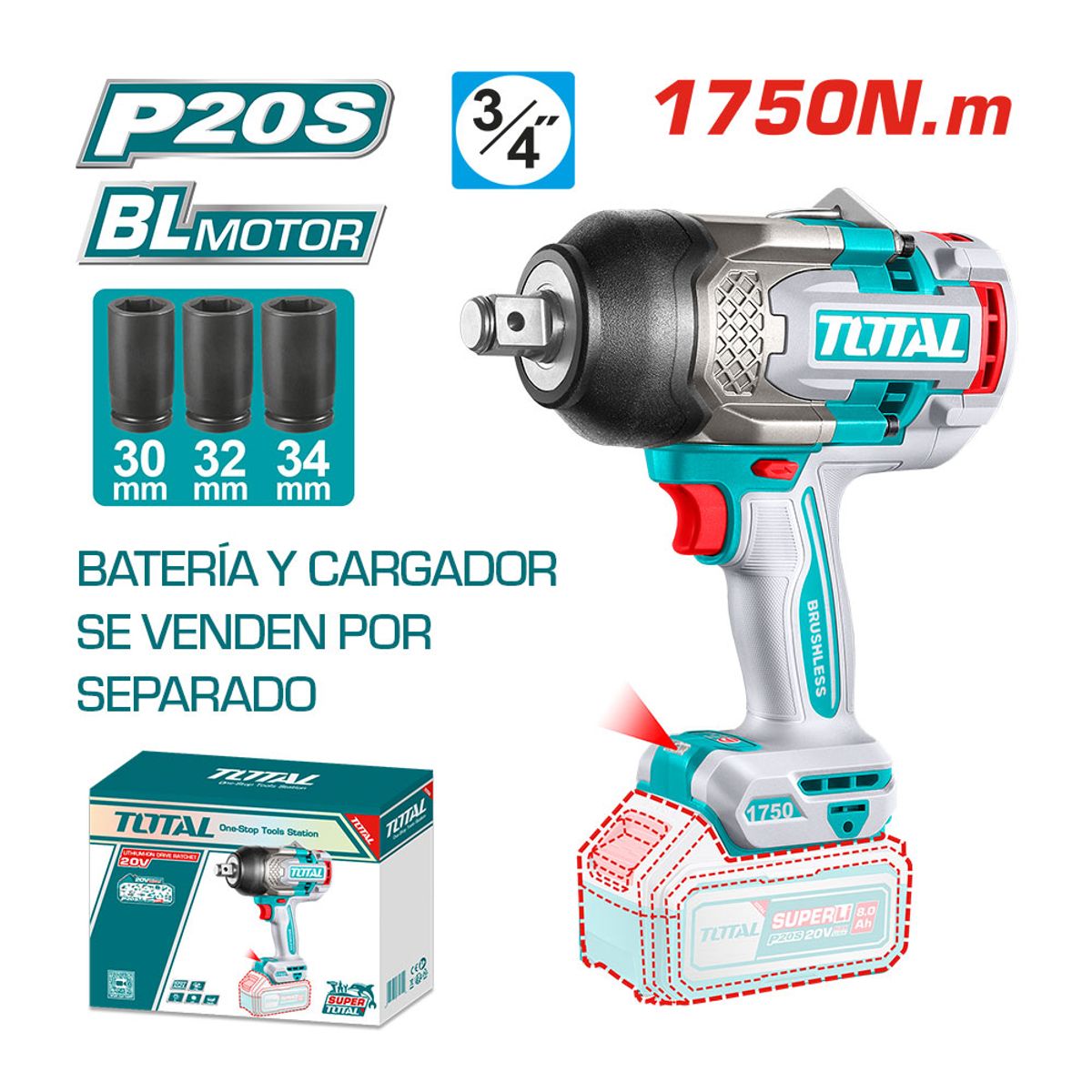 TOTAL TOOLS - Llave de Impacto Inalámbrica 34 1750Nm 20V Total