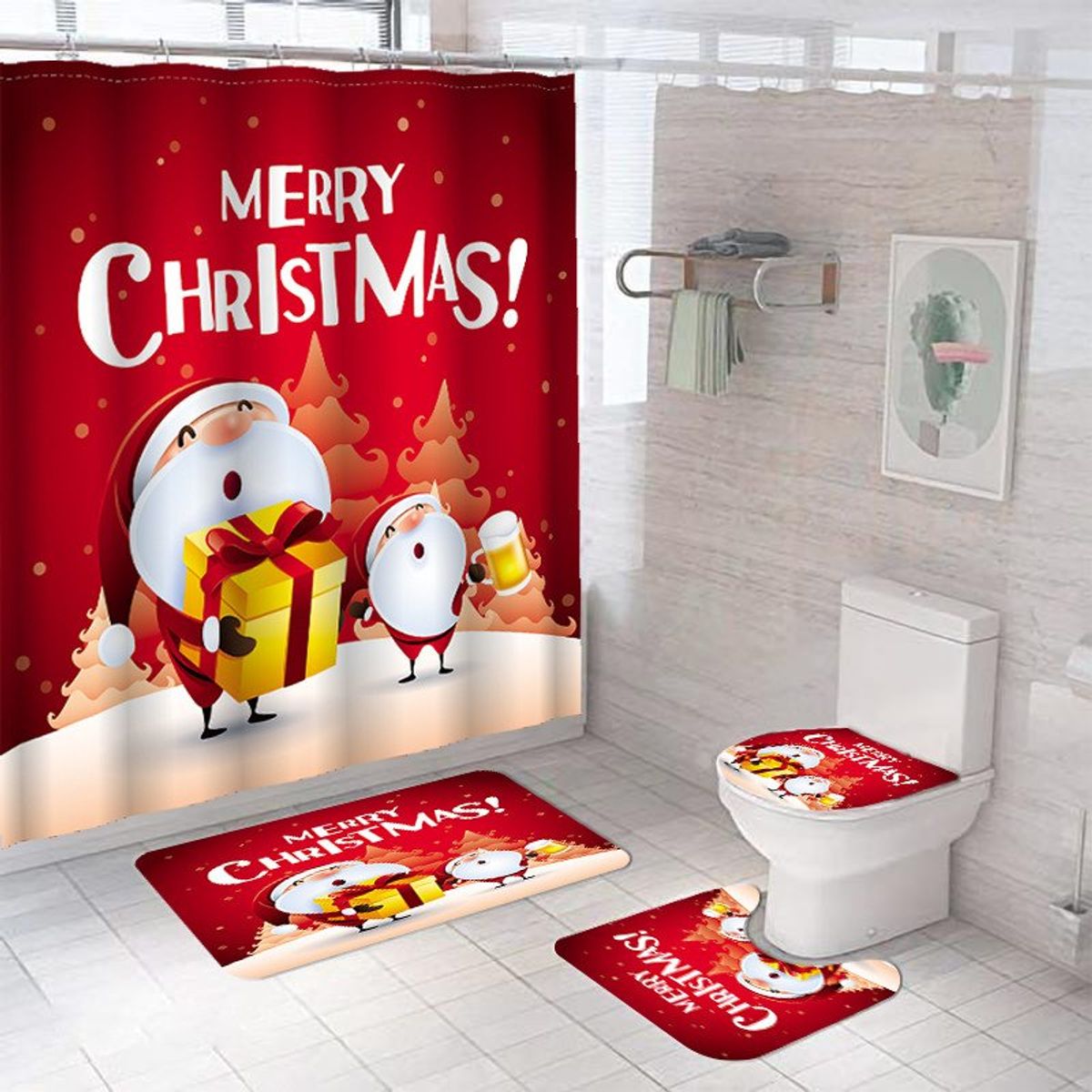GENERICO - SET DE BAÑO IMPERNEABLE 4 PIEZA CON DISEÑO NAVIDEÑOS PAPA NOEL TF