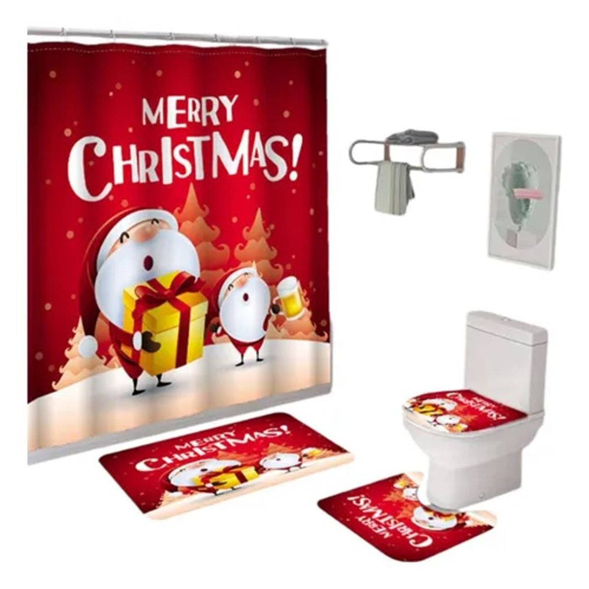 GENERICO - SET DE BAÑO IMPERNEABLE 4 PIEZA CON DISEÑO NAVIDEÑOS PAPA NOEL TF