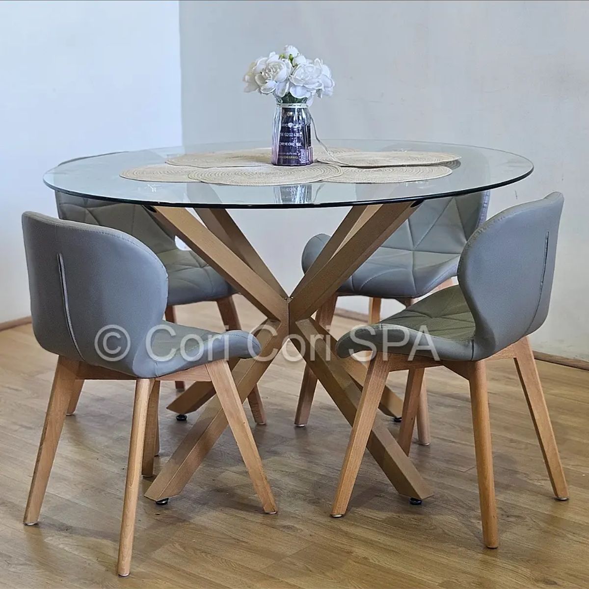 CORI CORI - Comedor Warwick 100cm + 4 Mariposa  Ecocuero Wood