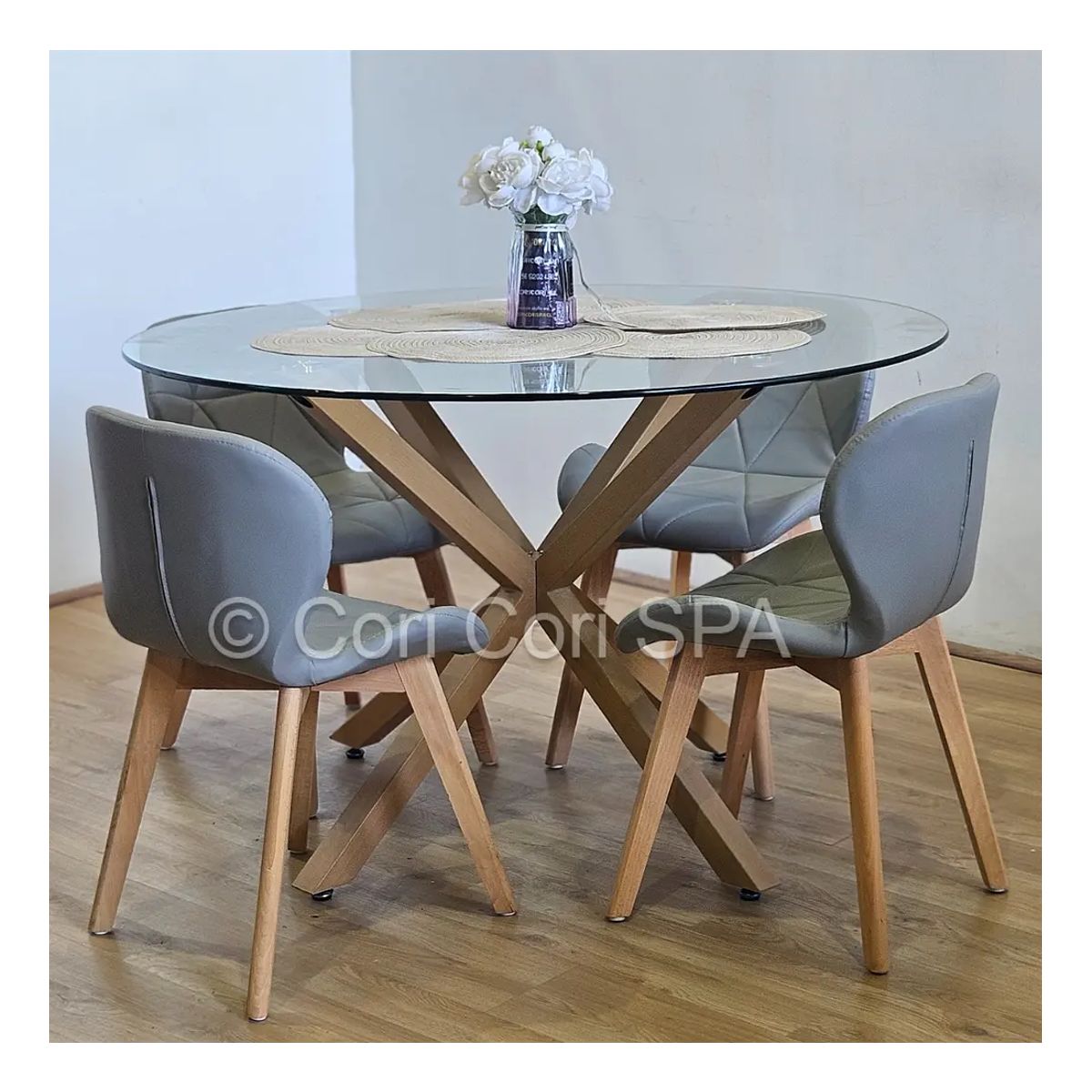 CORI CORI - Comedor Warwick 100cm + 4 Mariposa  Ecocuero Wood