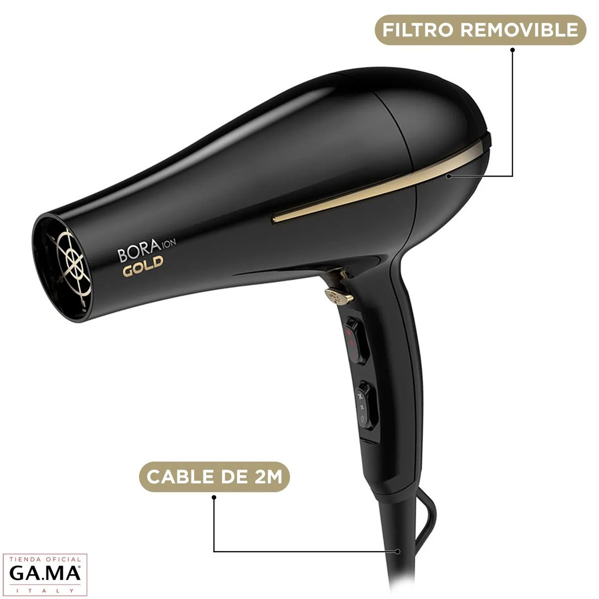 GAMA - Secador De Pelo Ceramic Ion Bora Gold Color Negro Gama 2200W