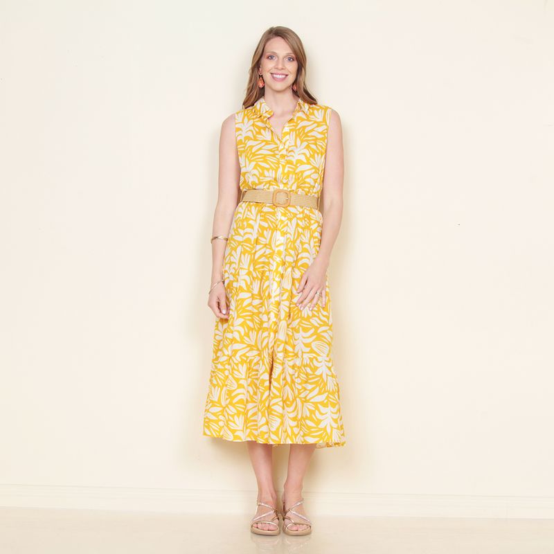 WADOS - VESTIDO SIN MANGA ESTAMPADO ABOTONADO EN DELANTERO Y CINTURON