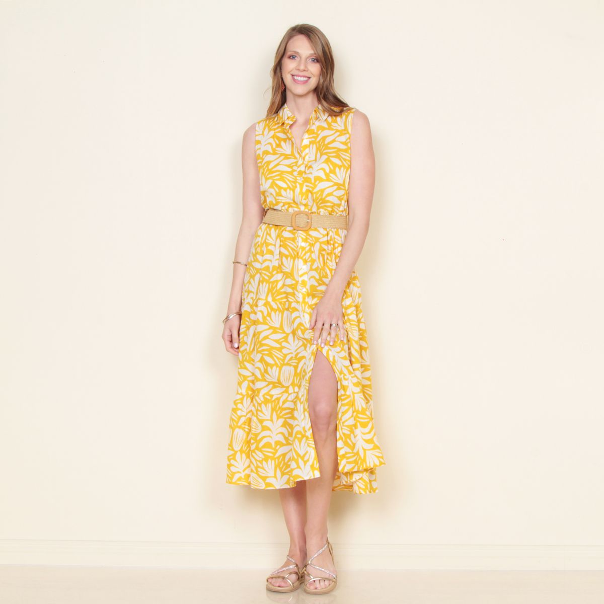 WADOS - VESTIDO SIN MANGA ESTAMPADO ABOTONADO EN DELANTERO Y CINTURON