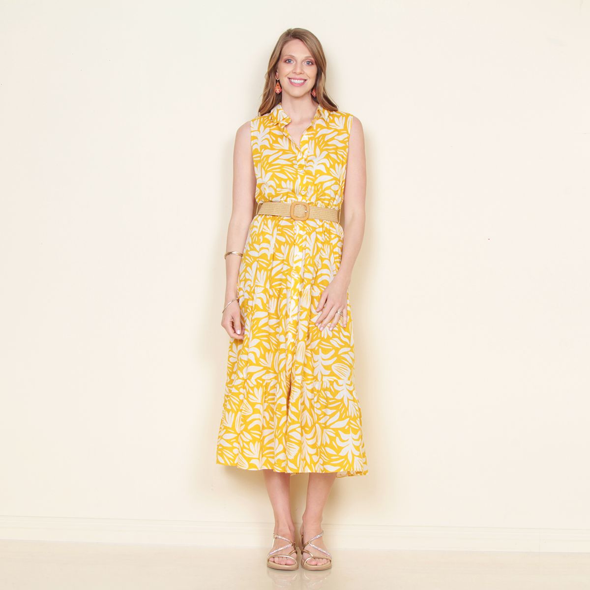 WADOS - VESTIDO SIN MANGA ESTAMPADO ABOTONADO EN DELANTERO Y CINTURON