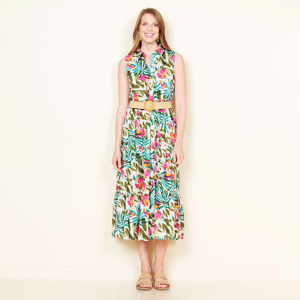 WADOS - VESTIDO SIN MANGA ESTAMPADO ABOTONADO EN DELANTERO Y CINTURON