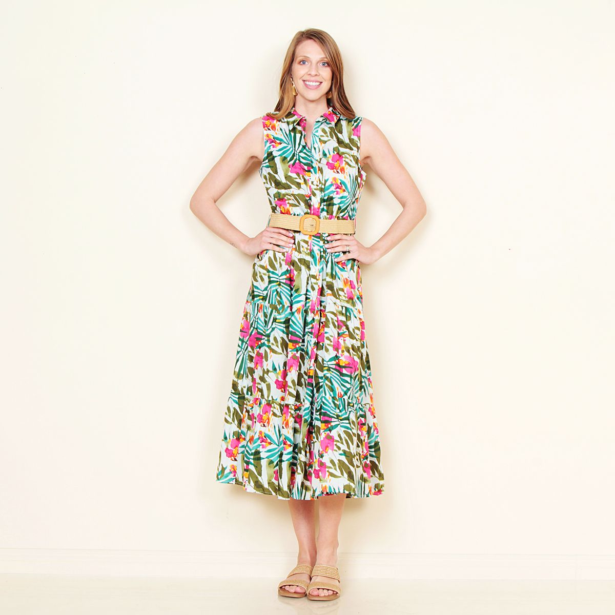 WADOS - VESTIDO SIN MANGA ESTAMPADO ABOTONADO EN DELANTERO Y CINTURON