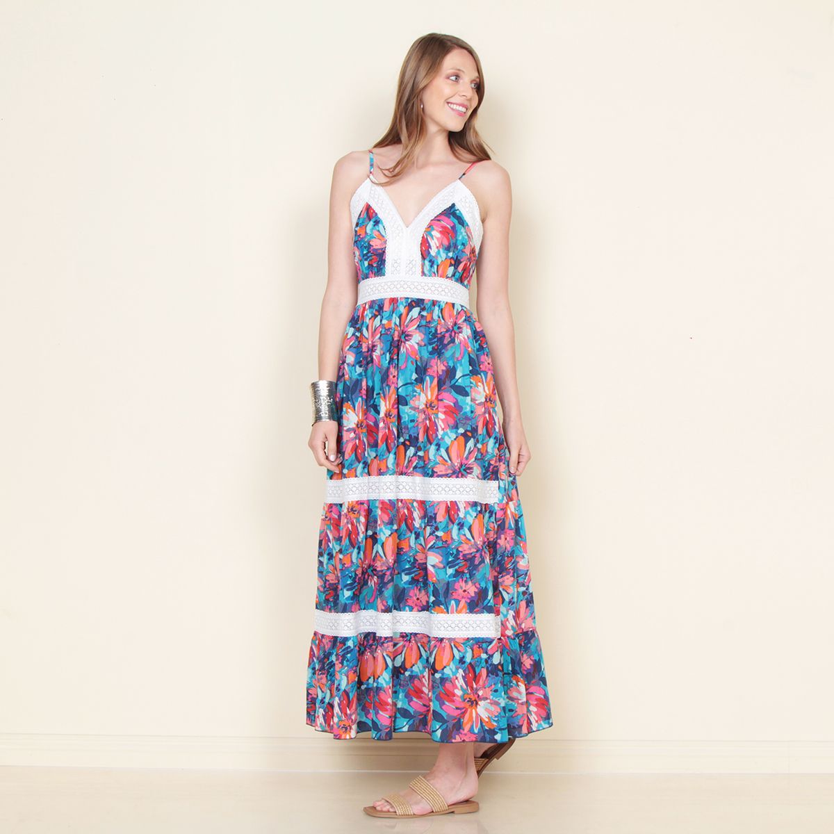 WADOS - VESTIDO SIN MANGA ESTAMPADO CON BRETEL Y APLICACION DE ENCAJE