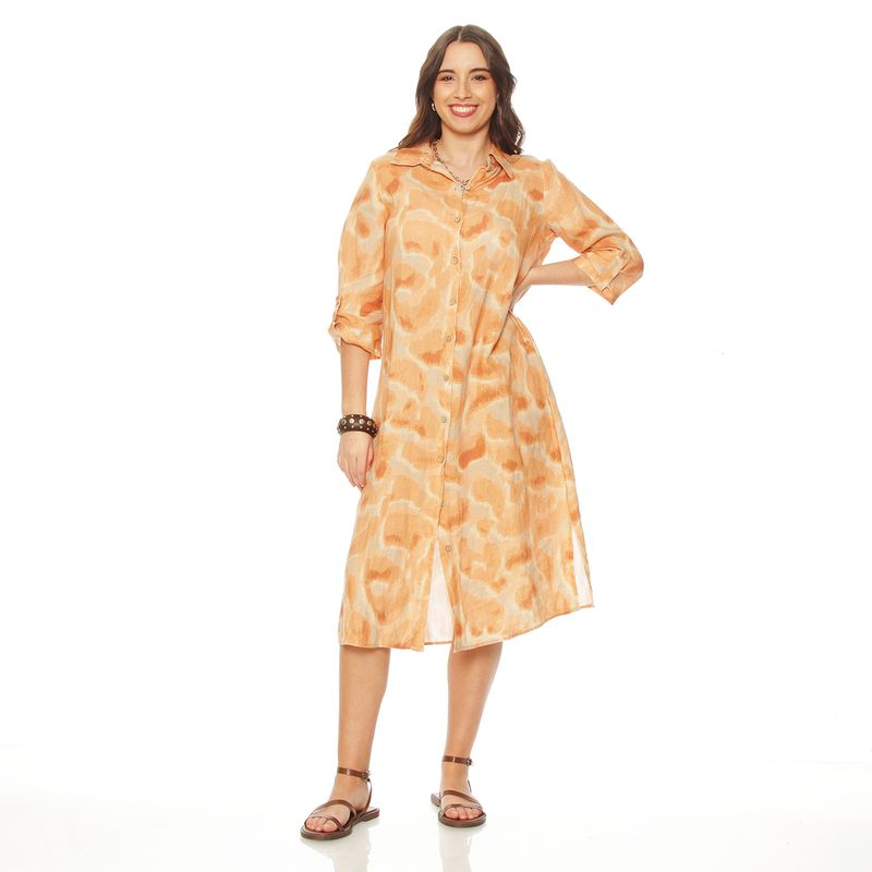 WADOS - VESTIDO MANGA LARGA LINO ESTAMPADO ABOTONADO EN DELANTERO