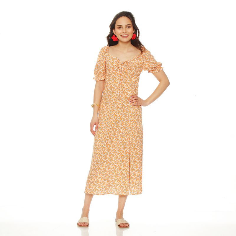WADOS - VESTIDO ESTAMPADO MANGA CORTA ESCOTE V CON ABERTURA EN DELANTERO