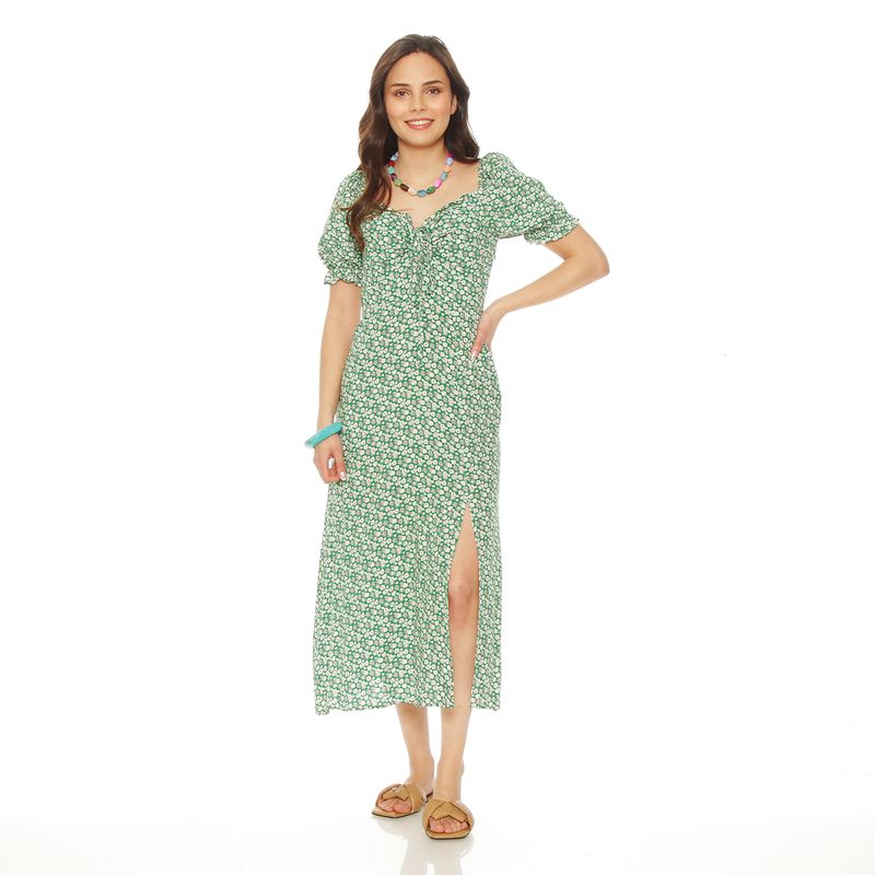WADOS - VESTIDO ESTAMPADO MANGA CORTA ESCOTE V CON ABERTURA EN DELANTERO