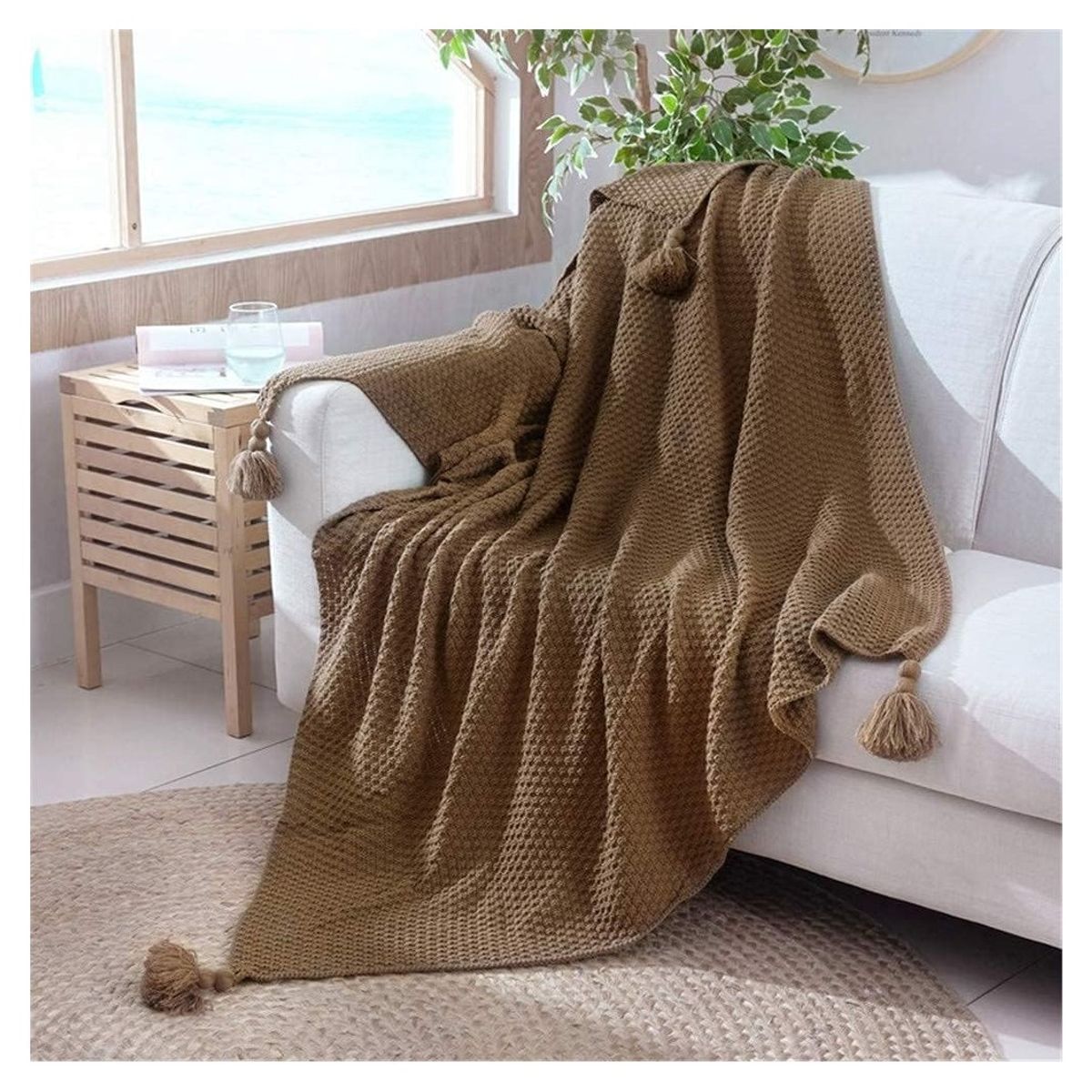 ALMA & DECO - Manta para Sofá o Piecera Blanket Modelo Tejido y Borlas Chocolat