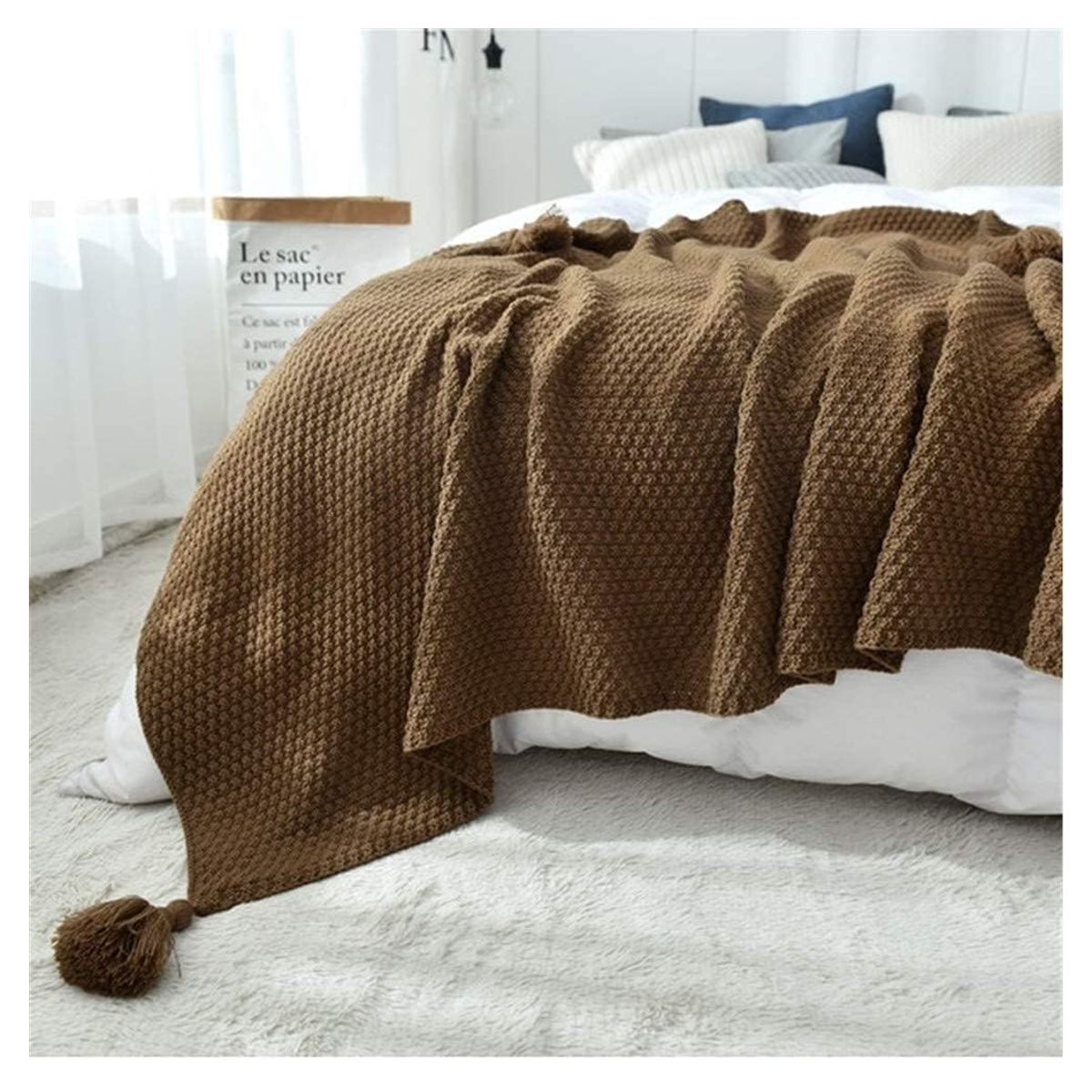 ALMA & DECO - Manta para Sofá o Piecera Blanket Modelo Tejido y Borlas Chocolat