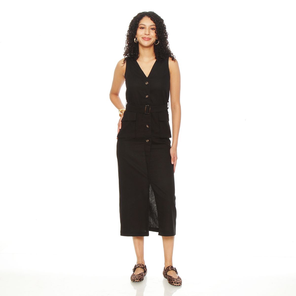 WADOS - VESTIDO SIN MANGA ESCOTE V CON LAZO EN CINTURA Y BOLSILLOS