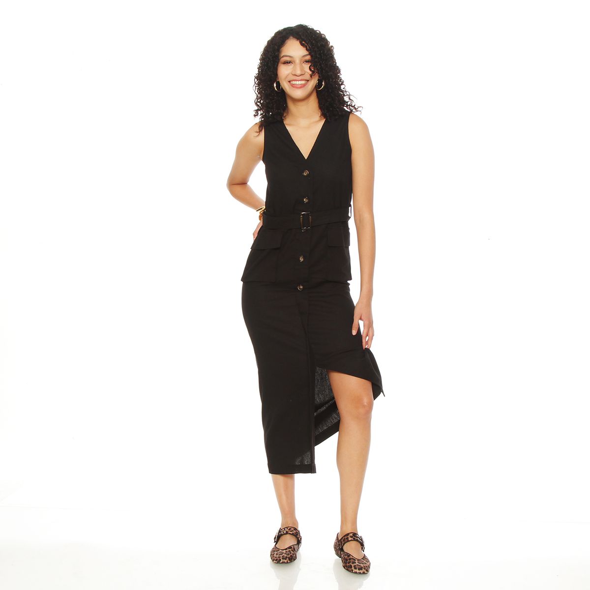 WADOS - VESTIDO SIN MANGA ESCOTE V CON LAZO EN CINTURA Y BOLSILLOS