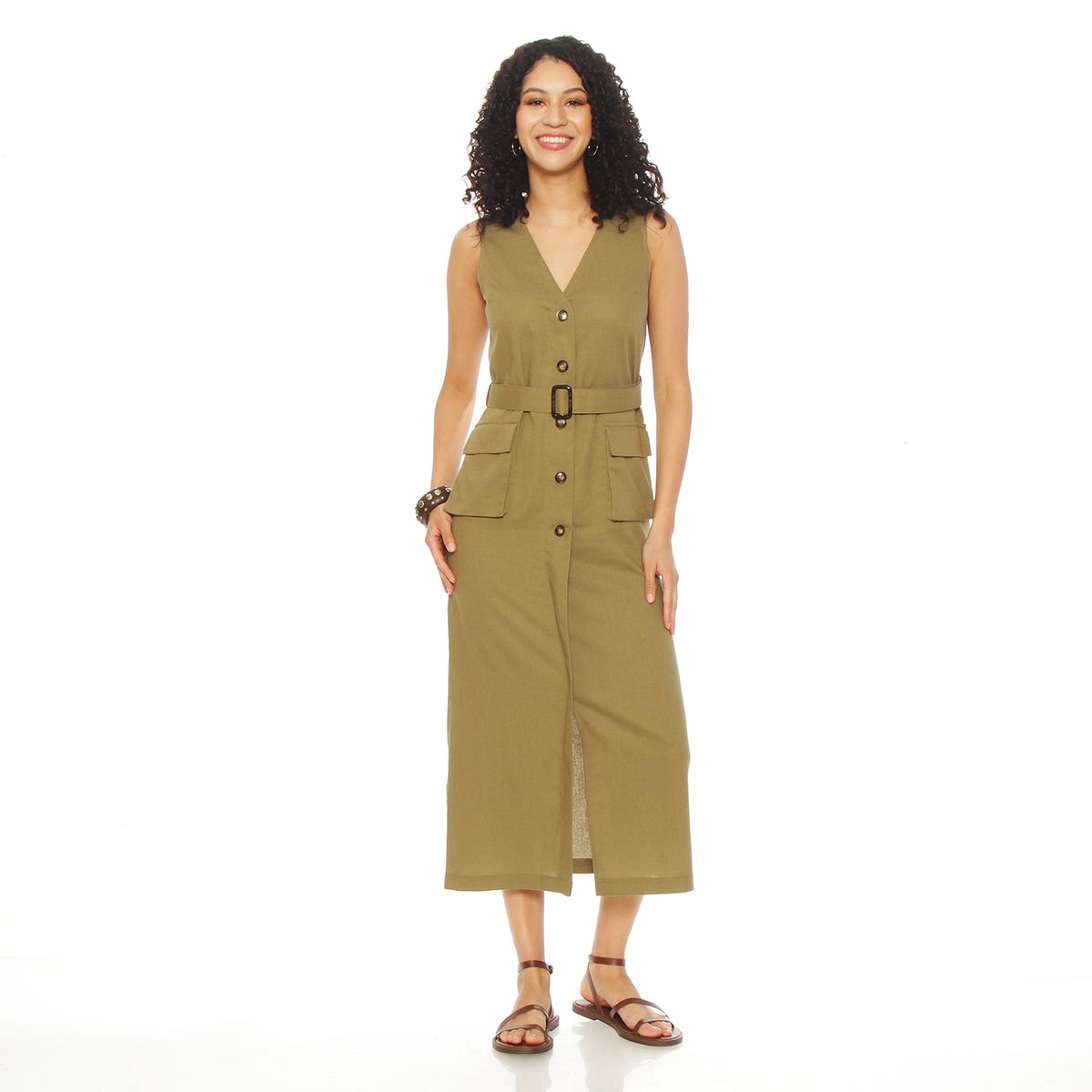 WADOS - VESTIDO SIN MANGA ESCOTE V CON LAZO EN CINTURA Y BOLSILLOS