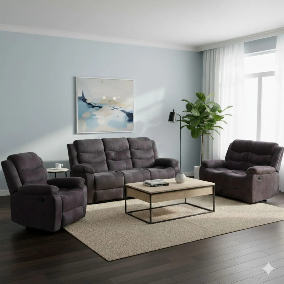 DANIELS - Living Reclinable Sofá 3 Cuerpos + 2 Cuerpos + Berger Gris Norman