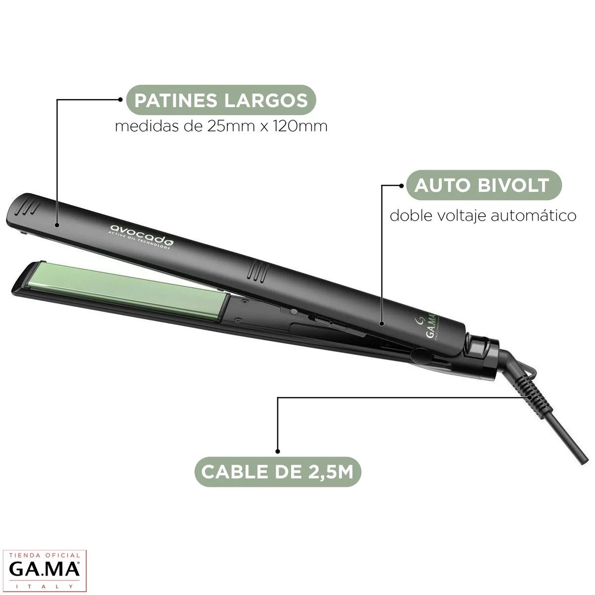 GAMA - Plancha Avocado Ceramic Ion + Nano Silver Gama Negro Con Verde 230C