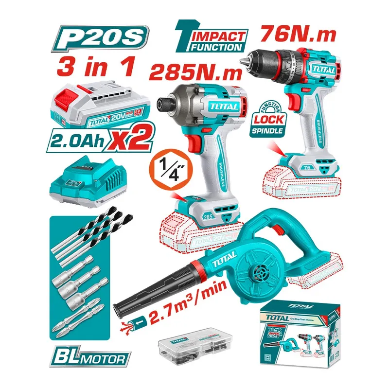 TOTAL TOOLS - Kit Inal Taladro 76Nm+ Atornillador Imp 285Nm + Soplador 20V Totañ