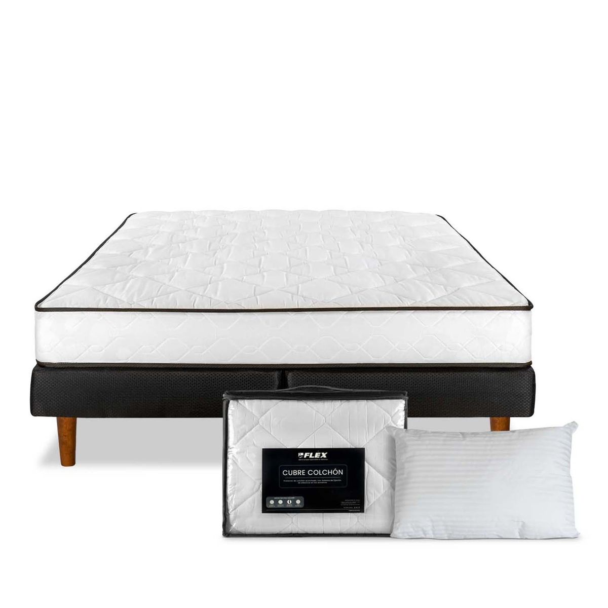 FLEX - Cama Europea New Simple 2 plazas base dividida + Almohadas + Cubre colchón