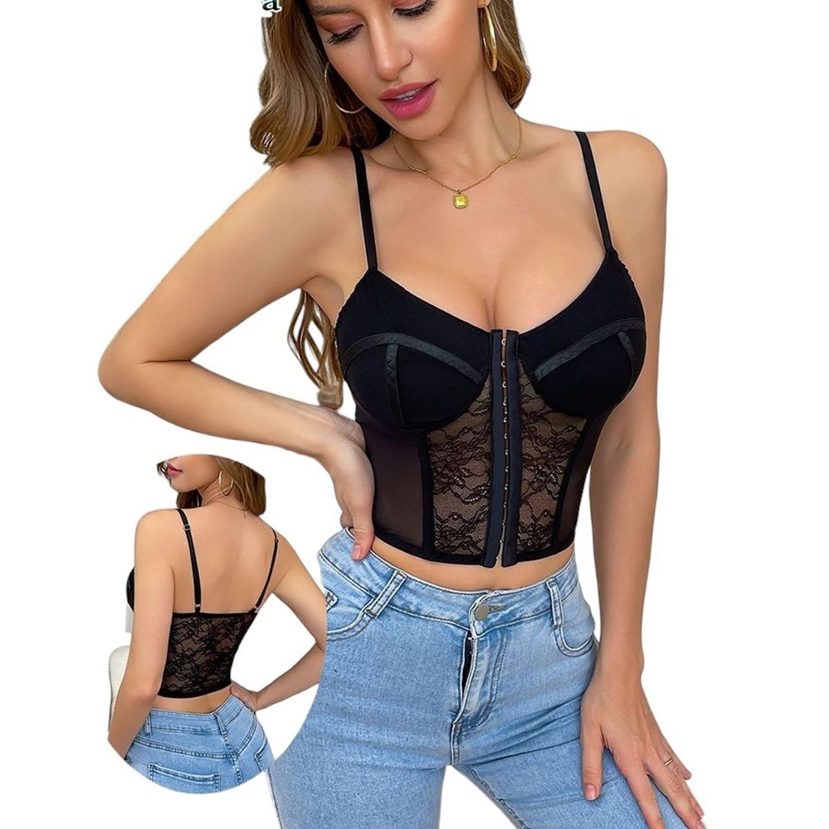 GARSIL - Crop Top Corto Con Encaje Para Mujer Con Tirantes Y Broches Delantero