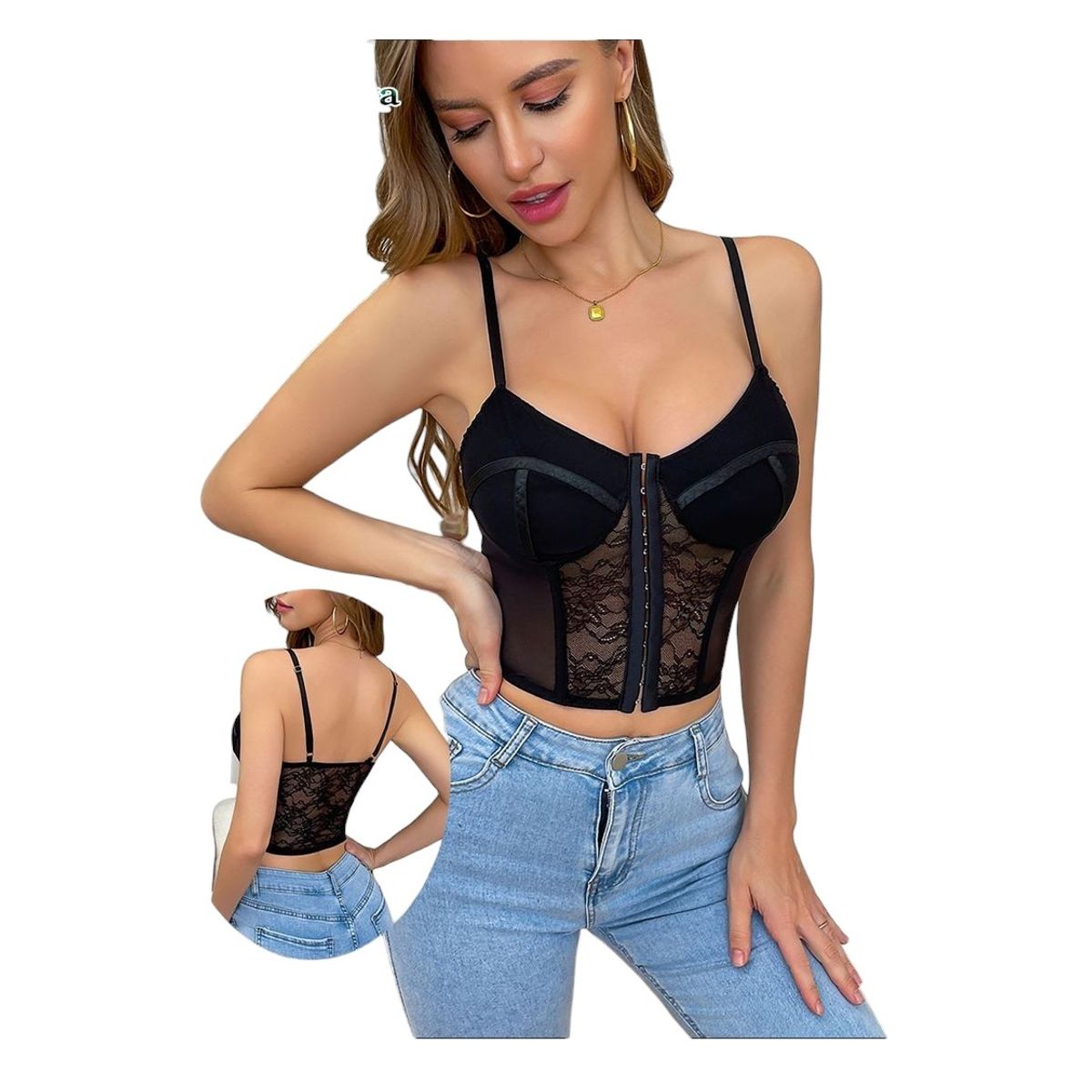 GARSIL - Crop Top Corto Con Encaje Para Mujer Con Tirantes Y Broches Delantero