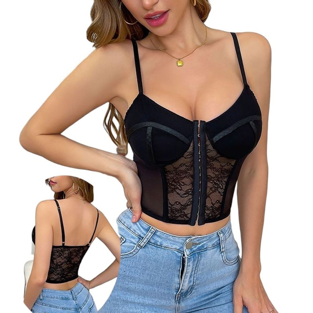 GARSIL - Crop Top Corto Con Encaje Para Mujer Con Tirantes Y Broches Delantero