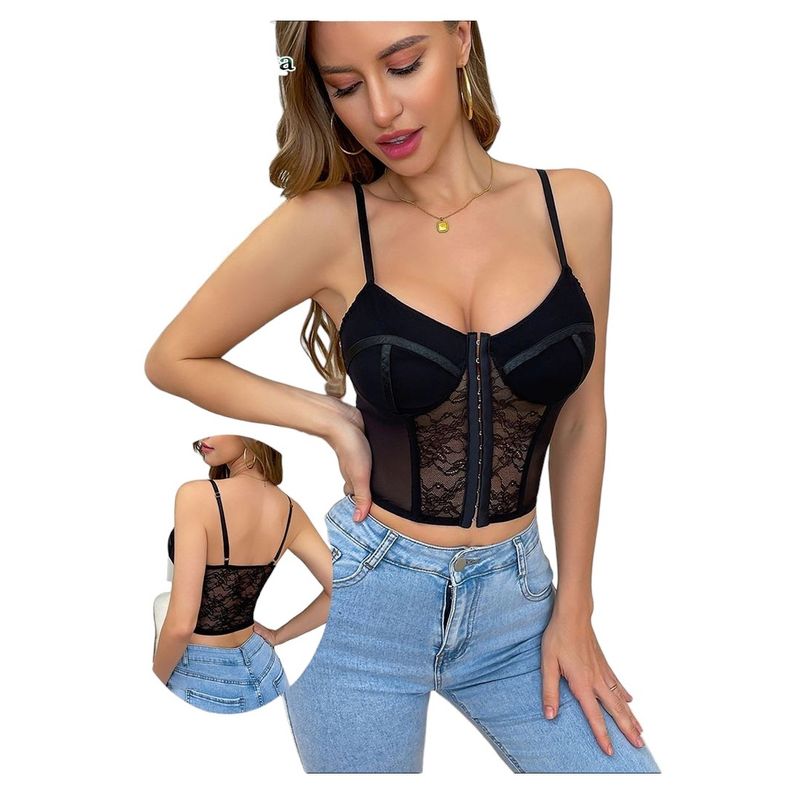 GARSIL - Crop Top Corto Con Encaje Para Mujer Con Tirantes Y Broches Delantero