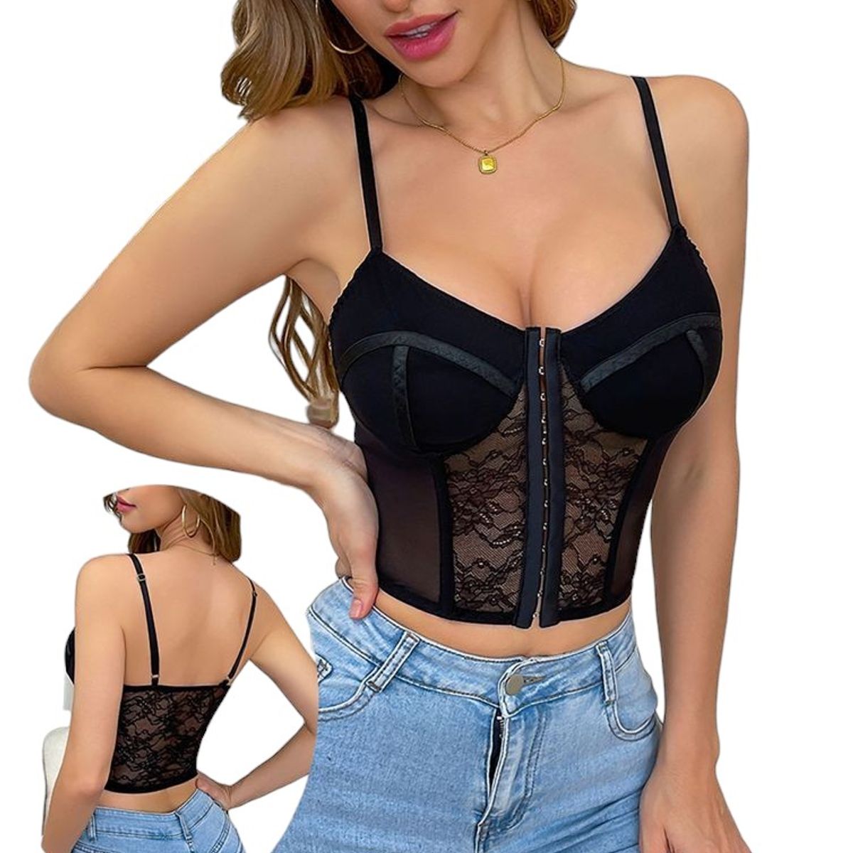 GARSIL - Crop Top Corto Con Encaje Para Mujer Con Tirantes Y Broches Delantero