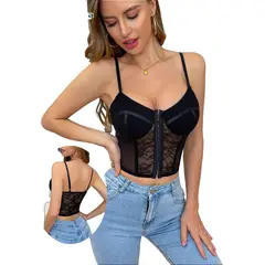 GARSIL - Crop Top Corto Con Encaje Para Mujer Con Tirantes Y Broches Delantero