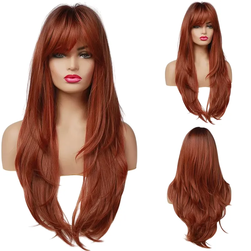 LUXURYJOYAS - Peluca De Encaje Pelo fibra natural Rojo con flequillo