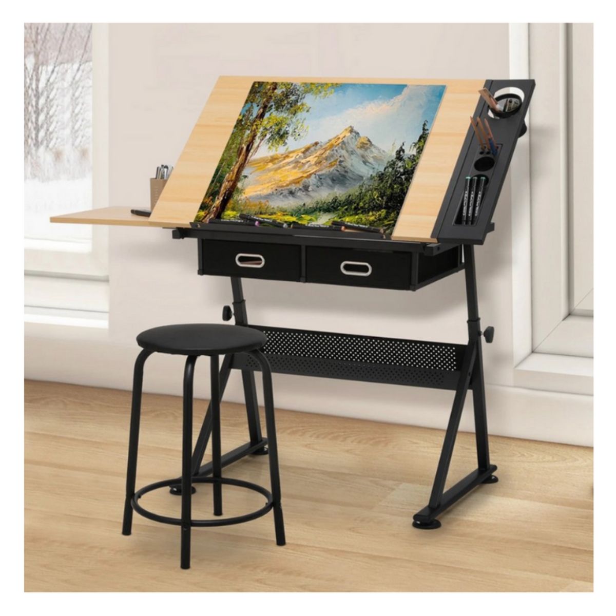 GENERICO - Mesa Dibujo Profesional Tablero Madera Ajustable Con Silla