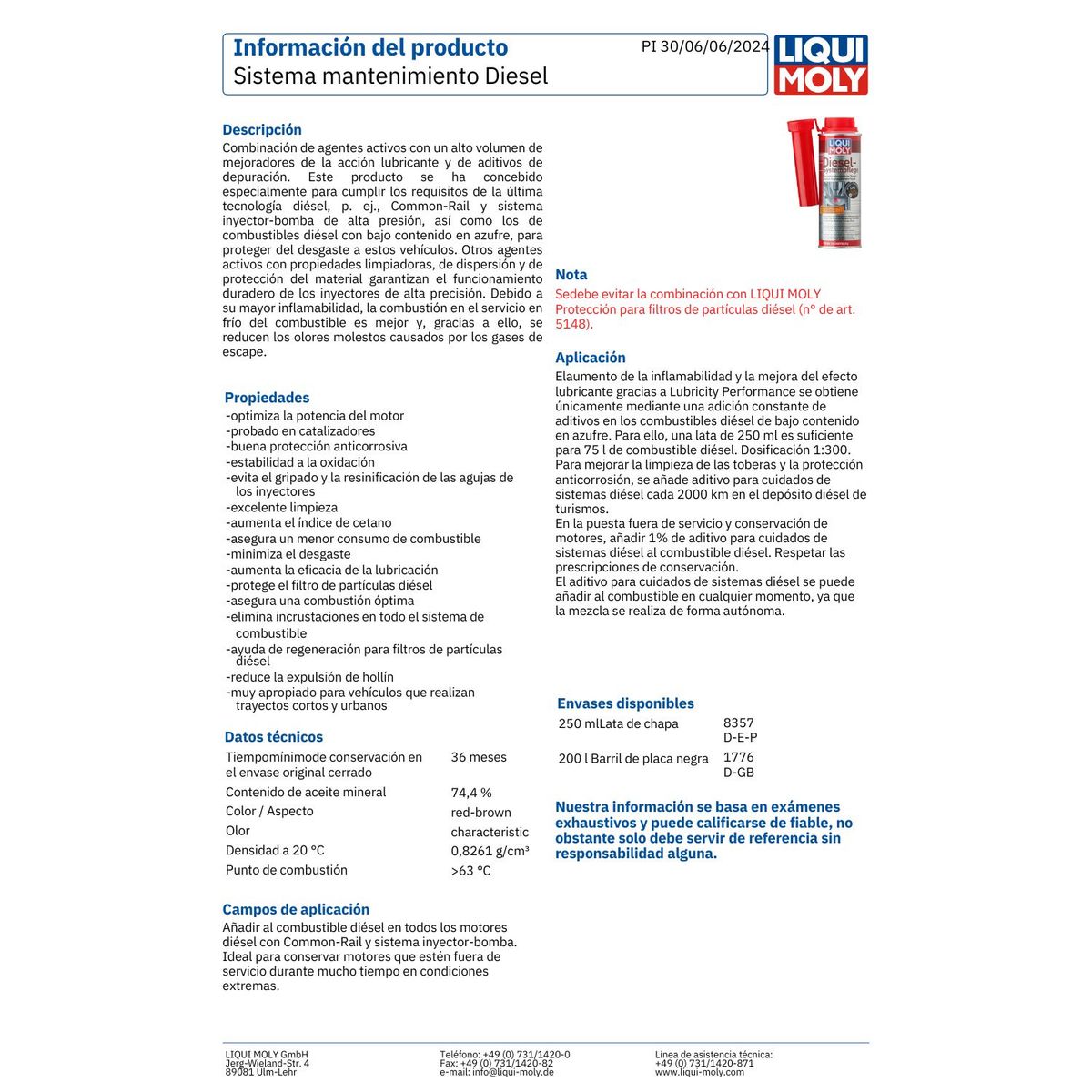 LIQUI MOLY - Aditivo Protector Para Sistemas de Inyección Diesel 250 Ml.